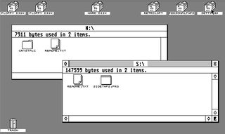 Atari ST GEM desktop with drive icons for two floppy disks, a hard disk, RETROLOFT, PERSONALTNFS and SETTINGS, and open N: and S: drive windows showing their contents.
