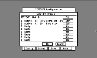 SideTNFS Drives dialog in SIDETNFS.PRG, listing the SETTINGS disk on S:, an active TNFS drive named Retroloft on N:, an active SD hard disk on C:, and six empty slots with Edit/Add buttons.