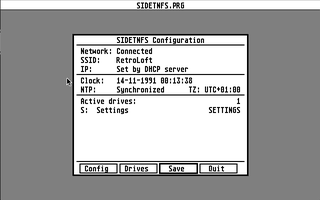 SIDETNFS.PRG main configuration window on an Atari ST, showing network status, SSID, IP, clock, NTP status, UTC offset and the active SETTINGS drive.