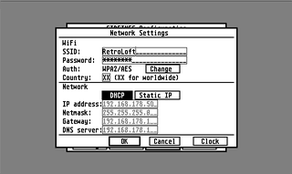 Network Settings dialog in SIDETNFS.PRG, showing Wi-Fi SSID, password, WPA2/AES authentication and country code fields, plus DHCP/Static IP network settings with IP address, netmask, gateway and DNS server.